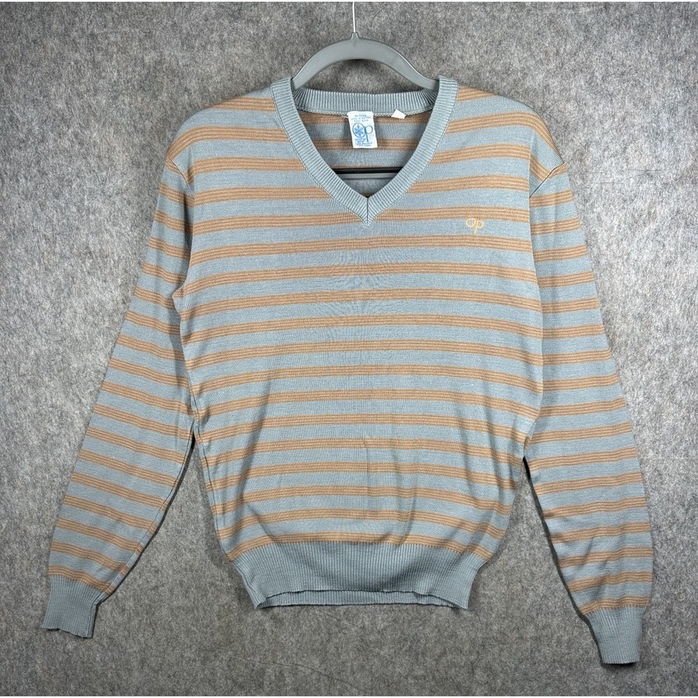 Vintage OP Ocean Pacific Sweater Mens L V Neck Striped Acrylic Hong Kong 80s